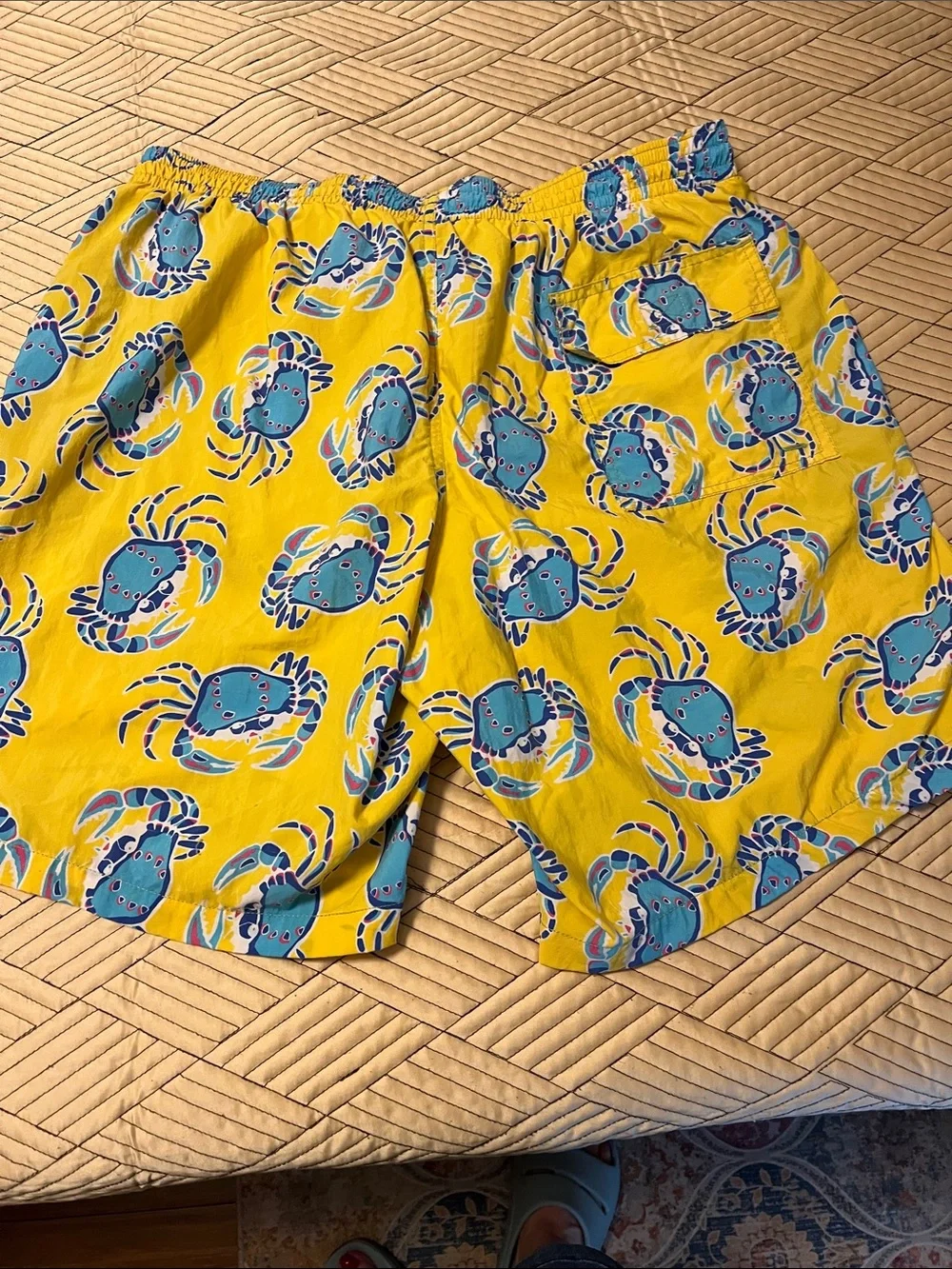 Ike Behar Yellow Swim Trunks with Blue Crab Print and Red Drawstring